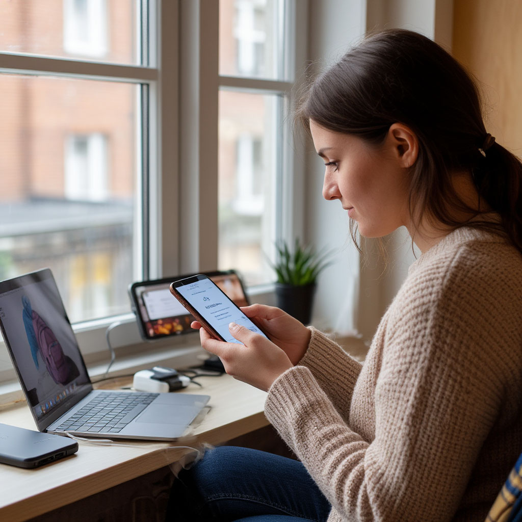 Solo female traveler using emergency safety app in hostel