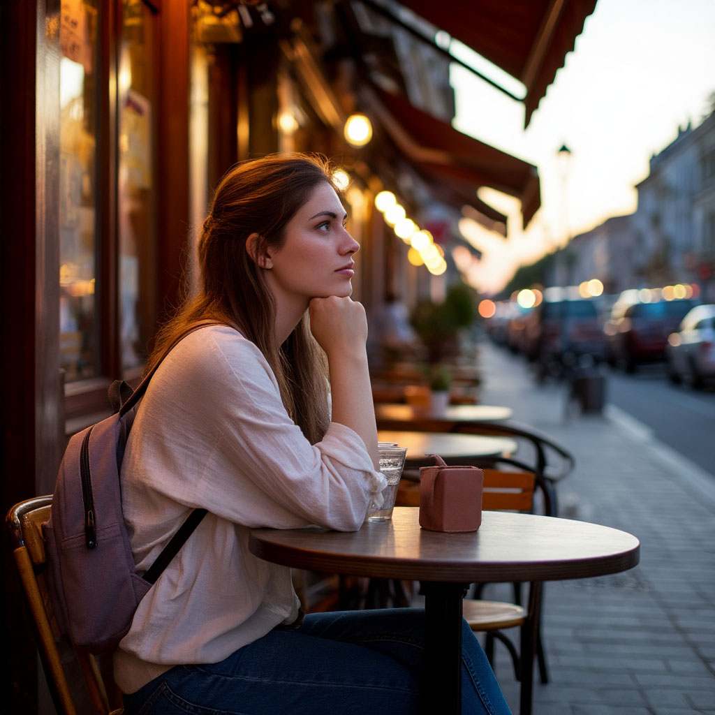 Solo woman traveler staying alert in an unfamiliar city